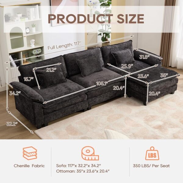 IPKIG 117" Sectional Sofa Cloud Couch, Modern Chenille Comfy Upholstered 3-Seat Sofa with Ottoman, 3 Lumbar Pillow, Deep Seat Modular Couch for Living Room, Apartment, Office, Studio, Black