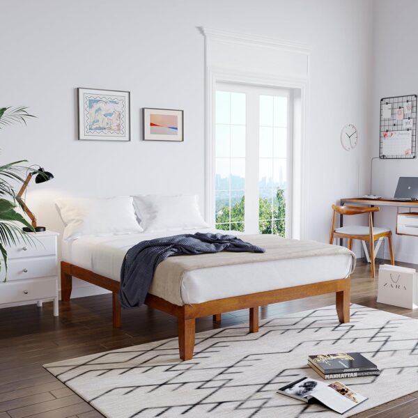 Giantex 14 Inch Queen Wood Platform Bed Frame, Minimalist Style Mattress Foundation with Solid Rubber Wood, Heavy Duty Wood Slat Support, Without Headboard, Easy Assembly, No Box Spring Needed, Walnut