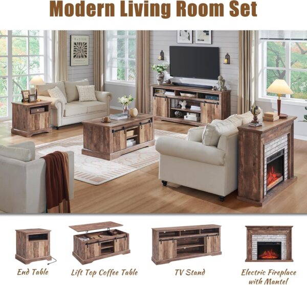 45" Flip Top Electric Fireplace with Mantel, Electric Fireplace Heater, TV Stand with Freestanding Electric Fireplaces, Remote Control, Adjustable Flame Level for Living Room (Light Brown)