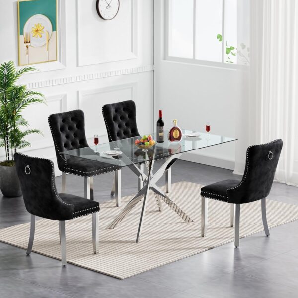 Modern 5 Piece Dining Table Set for 4, Silver Glass Table and Black Velvet Chairs