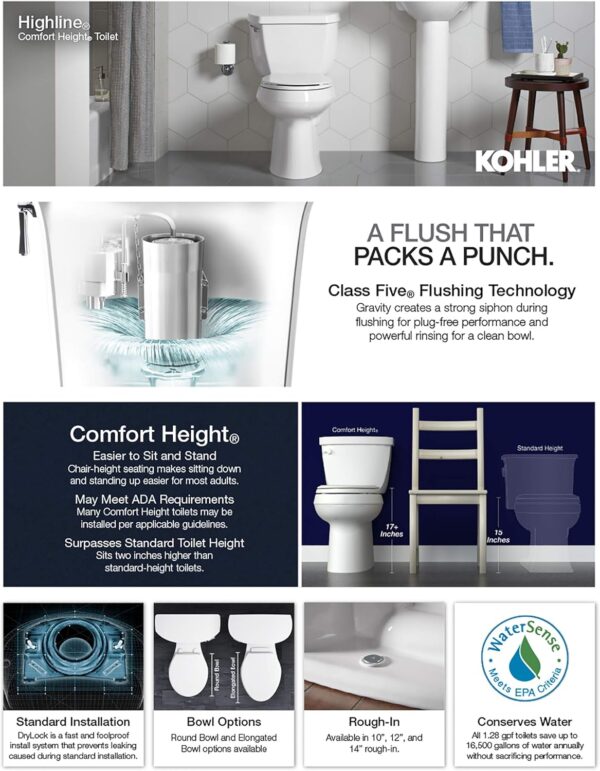 KOHLER K-25224-0 Highline Tall Two-Piece Elongated Toilet with Left-Hand Trip Lever, Elongated Toilet Bowl, 1.28 GPF, White