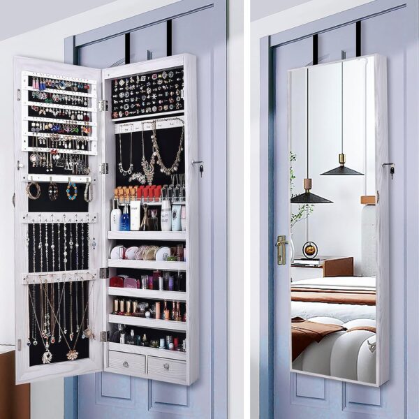 47" H Jewelry Armoire Full Length Mirror Cabinet Storage Organizer w/LED Light Wall-Mounted/Door-Hanging Lockable for Bedroom Makeups White