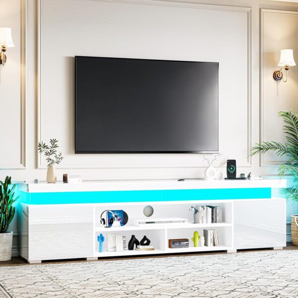 72" Modern TV Stand with LED Lights and Power Outlet for TVs Up to 80 inch, High Gloss Finish Entertainment Center, TV Console Cabinet with Storage for Living Room, White