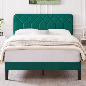 VECELO Queen Size Bed Frame Premium Velvet Upholstered Platform with Height Adjustable Headboard/Mattress Foundation, Solid Wooden Slat Support, No Box Spring Needed/Easy Assembly