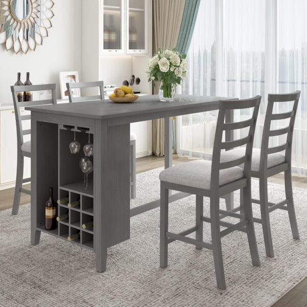 TREXM 5-Piece Multi-Functional Rubber Wood Counter Height Dining Set with Padded Chairs and Integrated 9 Bar Wine Compartment, Wineglass Holders for Dining Room (Gray)