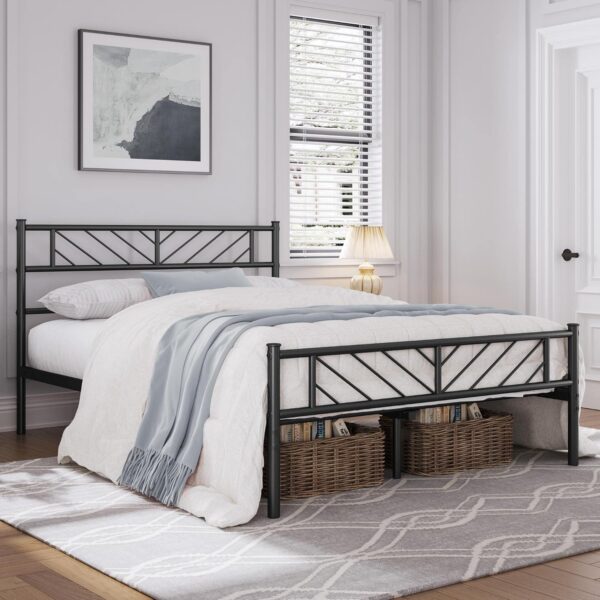 Yaheetech Queen Size Platform Bed Frame with Arrow Design Headboard, 13 Inches Metal Mattress Foundation for Storage, No Box Spring Needed, Easy Assembly, Modern, Black