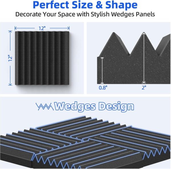12 Pack Sound Proof Foam Panels for Wall with Self Adhesive, 2" X 12" X 12" High Density Acoustic Panels Sound Absorbing Quick-Recovery, Wedges Soundproof Wall Panels for Gaming & Studio Decor - Black