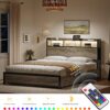 Queen Bed Frame with Bookcase Headboard and 2 Drawers LED Lights Metal Platform Non-Slip Without Noise Strong Metal Slats Support No Box Spring Needed (Greige, Queen)