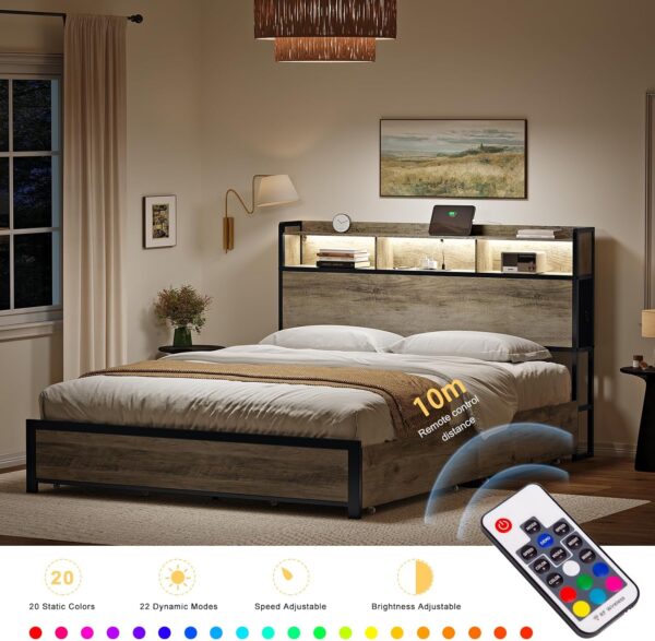 Queen Bed Frame with Bookcase Headboard and 2 Drawers LED Lights Metal Platform Non-Slip Without Noise Strong Metal Slats Support No Box Spring Needed (Greige, Queen)