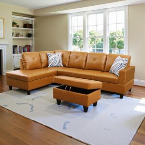 L Shaped Couch Modern Couches for Living Room Faux Leather 3 Pieces Modular Sectional Sofa with Storage Ottoman and Back Cushions for Reception Room and Apartment, Ginger