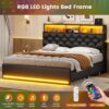 Queen Bed Frame with 4 Drawers & Hidden Storage Headboard, LED Bed Frame Queen Size with Charging Station, Upholstered Bed with Metal Slats, No Box Spring Needed, Black PU