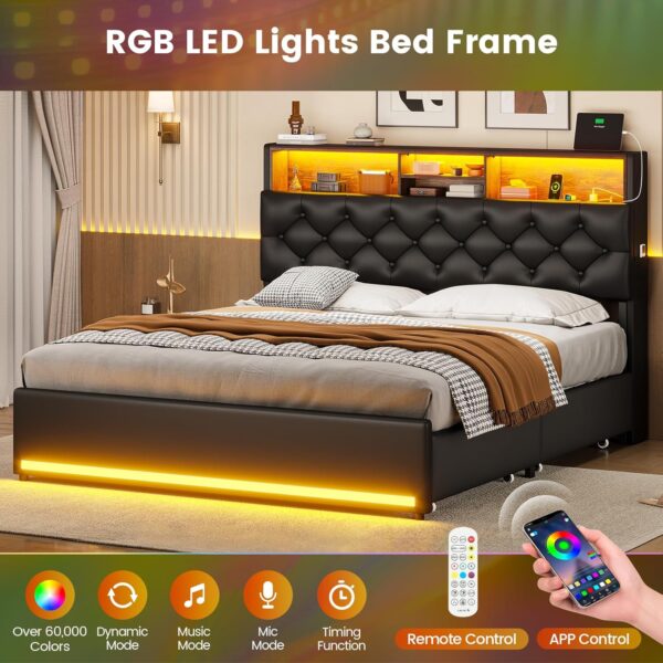 Queen Bed Frame with 4 Drawers & Hidden Storage Headboard, LED Bed Frame Queen Size with Charging Station, Upholstered Bed with Metal Slats, No Box Spring Needed, Black PU