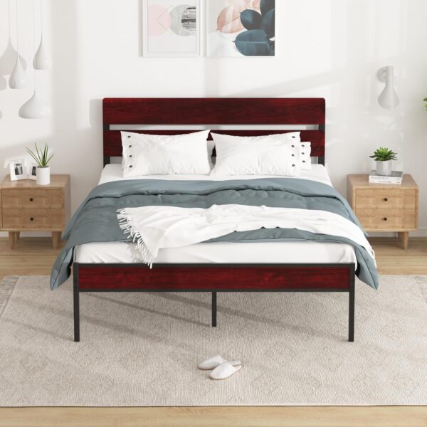 VECELO Metal Platform Queen Size Bed Frame with Wooden Headboard,Sturdy Steel Slats Support/Matress Foudation/No Box Spring Needed(Minimalist)
