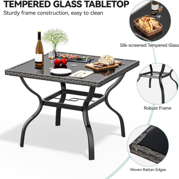 YITAHOME 5-Piece Outdoor Patio Furniture Dining Set, All-Weather Rattan Conversation Set with Wood Armrest, Soft Cushions and Glass Top Dining Table for Backyard Deck (Black+Light Gray)