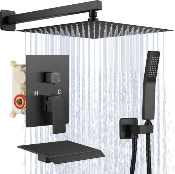 10 Inch Shower System with Tub Spout, 3 Function Matte Black Bathtub Shower Faucet Set, Wall Mounted Bathroom High Pressure Rain Shower Head with Handheld Sprayer Rough in Valve Body and Trim
