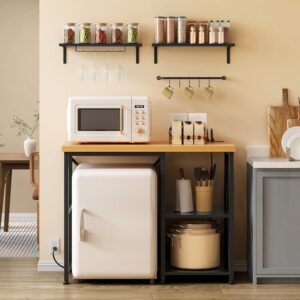 YITAHOME Mini Fridge Cabinet Stand with Storage and Wall Mounted Shelves, 5-Tiers Bakers Rack Microwave Stand with Power Outlet, Farmhouse Kitchen Coffee Bar Table Station with Cup Holder, Black