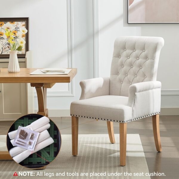 Fabric Dining Chair with Arms, Upholstered Tufted High Back Dining Room Chairs, Accent Armchair with Solid Wood Leg and Nailhead Trim, Kitchen Dining Living Room, Beige