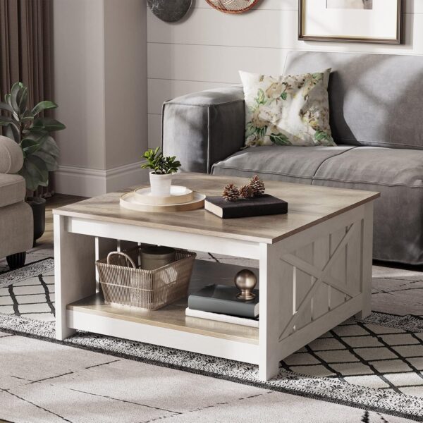 YITAHOME Coffee Table Farmhouse Coffee Table with Storage Rustic Wood Cocktail Table, Square Coffee Tables for Living Meeting Room with Half Open Storage Compartment, Grey Wash