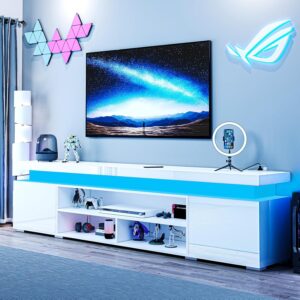 72" Modern TV Stand with LED Lights and Power Outlet for TVs Up to 80 inch, High Gloss Finish Entertainment Center, TV Console Cabinet with Storage for Living Room, White