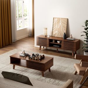 Living Room Table Sets of 2, Mid Century Coffee Table & Dresser TV Stand, Sliding Door Coffee Table with Storage, Modern TV Stand for Bedroom, Living Room (Walnut)