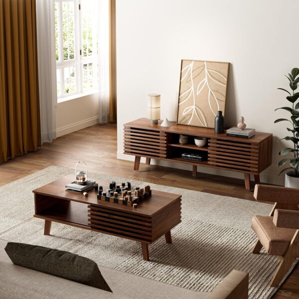 Living Room Table Sets of 2, Mid Century Coffee Table & Dresser TV Stand, Sliding Door Coffee Table with Storage, Modern TV Stand for Bedroom, Living Room (Walnut)