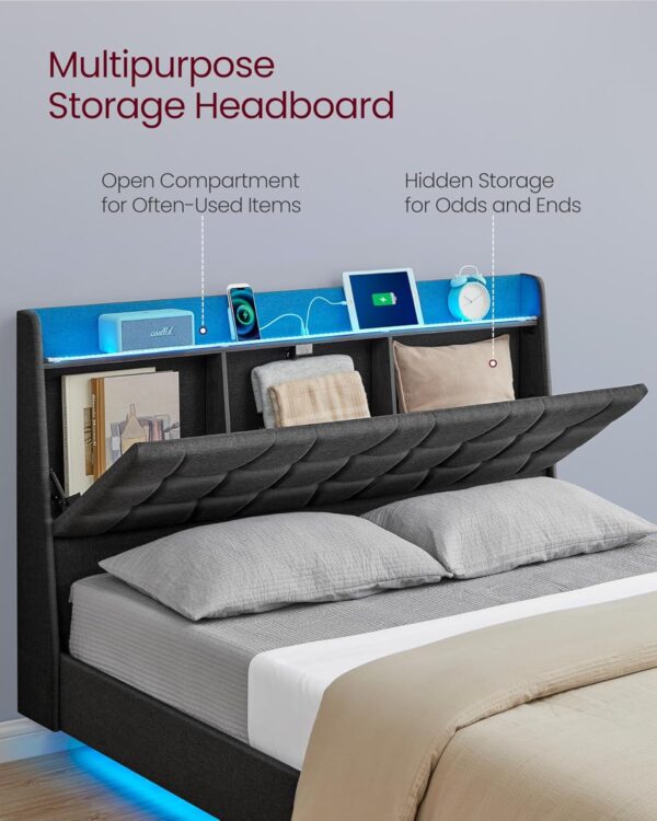 VASAGLE Queen Size Floating Bed Frame with LED Lights, Queen Bed Frame with Charging Station, Tufted Storage Headboard, Upholstered Platform Bed Frame, No Box Spring Needed, Dark Gray URMB851G71