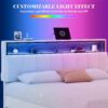 YITAHOME Queen Size Bed Frame with Storage, LED Bed Frame with Upholstered Velvet Headboard, Platform Bed with Outlet & USB Ports, No Box Spring Needed, Easy Assembly (Beige)