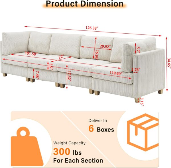 126.4" Oversized Reversible Modular Sectional Sofa with Deep Seat , 4 Seat Modern Corduroy Convertible L Shaped Corner Couch DIY Combination Lounge Sofabed w/ Waist Pillows for Living Room Office