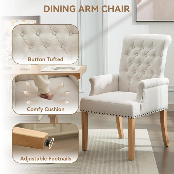 Fabric Dining Chair with Arms, Upholstered Tufted High Back Dining Room Chairs, Accent Armchair with Solid Wood Leg and Nailhead Trim, Kitchen Dining Living Room, Beige