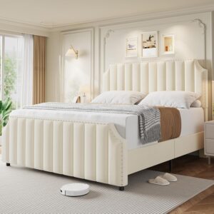 Queen Size Velvet Bed Frame, 50.2" Tall Headboard & Footboard, Upholstered Platform Queen Bed Frame with Nailhead Trim, No Box Spring Needed, Noise Free, Solid Wooden Slats, Beige