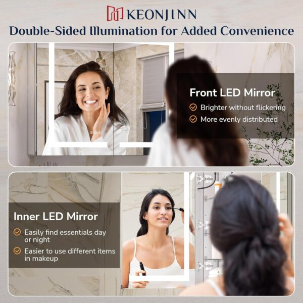 Keonjinn 48 x 32 Inch Lighted Medicine Cabinet for Bathroom with Outlets, Anti-Fog Lighted Medicine Cabinet with Mirror 3 Colors Dimmable, Tempered Glass 2-Side Front Lit Bathroom Mirror with Storage