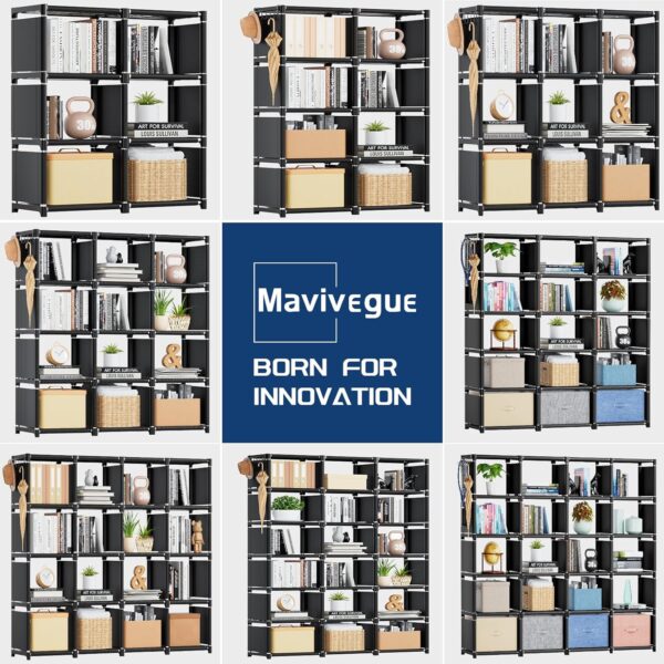 Mavivegue Book Shelf, 12 Cube Storage Organizer, DIY Bookcase, Metal Bookshelf,Tall Book case for Bedroom, Living Room,Office,Closet, Black Cubicle Rack