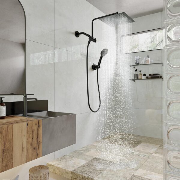 Alesco 10" Shower Heads with Handheld Spray Combo, 12" Extend Shower Arm with 3-Way Diverter Valve, 7-Setting Handheld Spray and High-Pressure Showerhead, Dual Showerheads Set, Matte Black