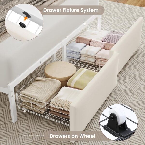 Keyluv Queen Bed Frame with Storage Headboard & 2 Drawers, Upholstered LED Platform Bed with Charging Station & Bedside Storage Rack, Metal Slat Support, No Box Spring Needed, Velvet Fabric, White