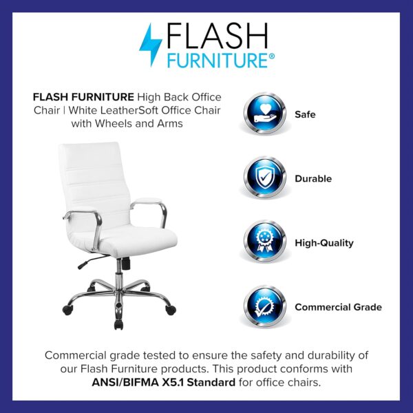 Flash Furniture Whitney High-Back Swivel LeatherSoft Desk Chair with Padded Seat and Armrests, Adjustable Height Padded Office Chair, White/Chrome