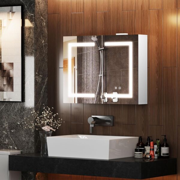 Snughome Bathroom Medicine Cabinet with Mirror and LED Light, Wall Mount Medicine Cabinet with Defogging, Adjustable Shelves, Memory Dimmable 3 Color Temp, Built-in Power Outlets, 31.5''x23.6''x5.9''