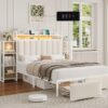 Keyluv Queen Bed Frame with Storage Headboard & 2 Drawers, Upholstered LED Platform Bed with Charging Station & Bedside Storage Rack, Metal Slat Support, No Box Spring Needed, Velvet Fabric, White