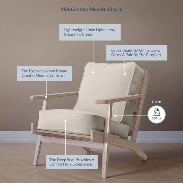 81D6KlmXfYL._AC_SL1500_.jpg BELLEZE Mid Century Modern Chair with Sturdy Wood Frame, Upholstered Linen Arm Chair, Easy Assembly Comfortable Accent Chair for Living Room, Bedroom or Office - Maximus (Natural)
