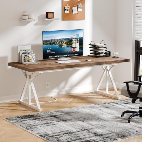 70.8-Inch Executive Desk with Power Outlet, Large Office Desk, Long Home Office Table, Big Writing Computer Tbale, Modern Work from Home Desk Office Furniture for Laptop, White