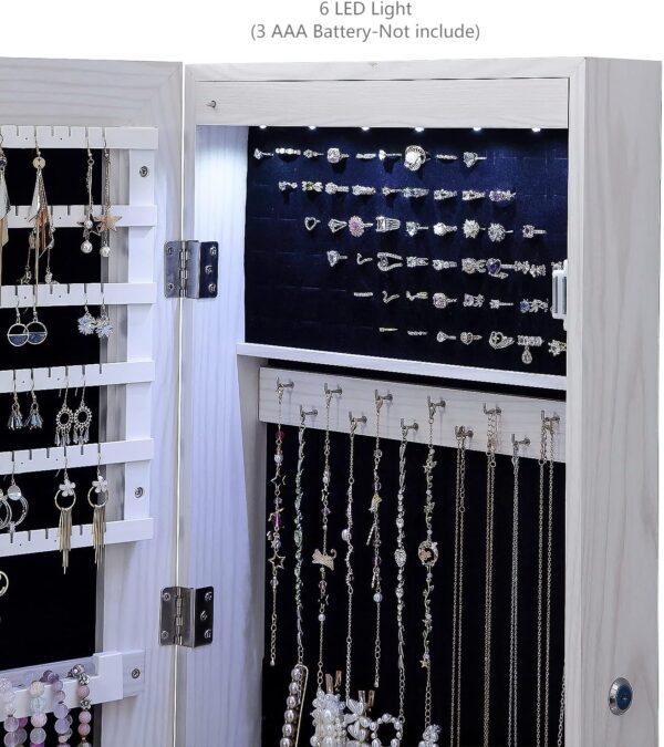 47" H Jewelry Armoire Full Length Mirror Cabinet Storage Organizer w/LED Light Wall-Mounted/Door-Hanging Lockable for Bedroom Makeups White