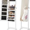 SONGMICS Mirror Jewelry Cabinet Standing Armoire Organizer, Jewelry Storage with Full-Length Frameless LED Lights, Built-in Makeup Mirror, 2 Drawers, Lockable, White UJJC023W01