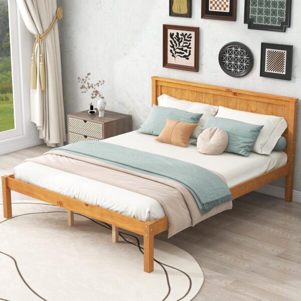 P PURLOVE Queen Size Bed Frame,Solid Wood Platform Bed with Headboard,No Box Spring Needed,Oak
