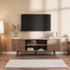 59" Modern TV Stand with Storage Cabinet, Wood Fashionable TV Cabinet with Waveform Panel and Adjustable Shelf, Entertainment Center TV Stand for 69'' TV, Living Room Furniture, Dark Walnut