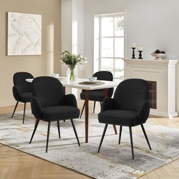 Black Dining Chairs Set of 4, Modern Dining Chairs with Arms and Sturdy Metal Legs, Boucle Fabric Upholstered Kitchen Dining Chairs for Dining Room, Living Room, Bedroom