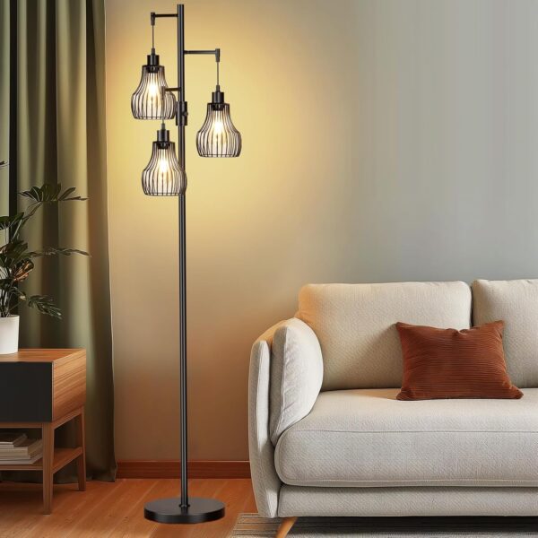 Dimmable Floor Lamp, 3 x 800LM LED Edison Bulbs Included, Farmhouse Industrial Floor Lamp Standing Tree Lamp with Elegant Cage Tall Lamps for Living Room Bedroom Office - Black