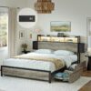Queen Bed Frame with Bookcase Headboard and 2 Drawers LED Lights Metal Platform Non-Slip Without Noise Strong Metal Slats Support No Box Spring Needed (Greige, Queen)