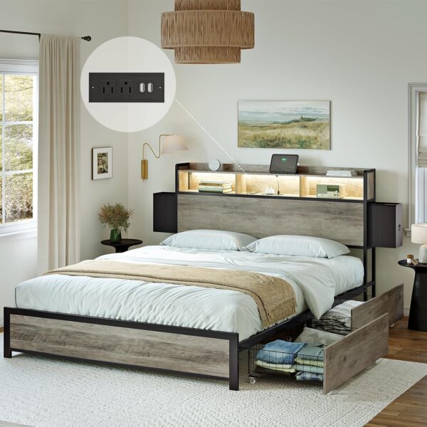 Queen Bed Frame with Bookcase Headboard and 2 Drawers LED Lights Metal Platform Non-Slip Without Noise Strong Metal Slats Support No Box Spring Needed (Greige, Queen)