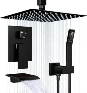 Ceiling Shower Faucet Set Matt Black Shower System for Bathroom,12 inch Rainfall High Pressure Shower Head Combo Set Complete with Handheld Spray,Valve and Tub Spout