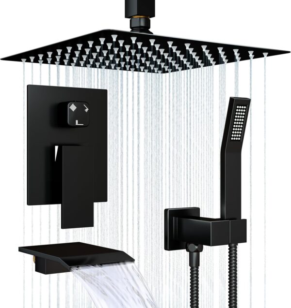 Ceiling Shower Faucet Set Matt Black Shower System for Bathroom,12 inch Rainfall High Pressure Shower Head Combo Set Complete with Handheld Spray,Valve and Tub Spout