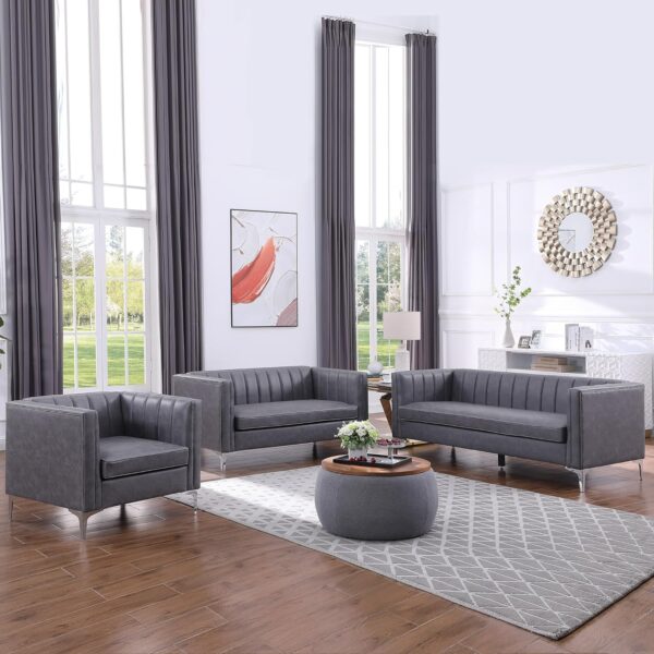 Morden Fort Faux Leather Couch, 71" W Modern Faux Leather Office Sofa Easy to Clean with Highly Wear Resistant Seats and Metal Legs, 3 Seater Couches for Living Room Apartment Lounge Grey